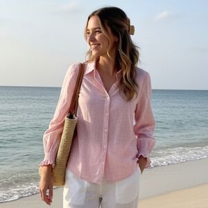 Pink & White Striped Linen Blend Button Down Shirt - Smocked Cuffs - Small